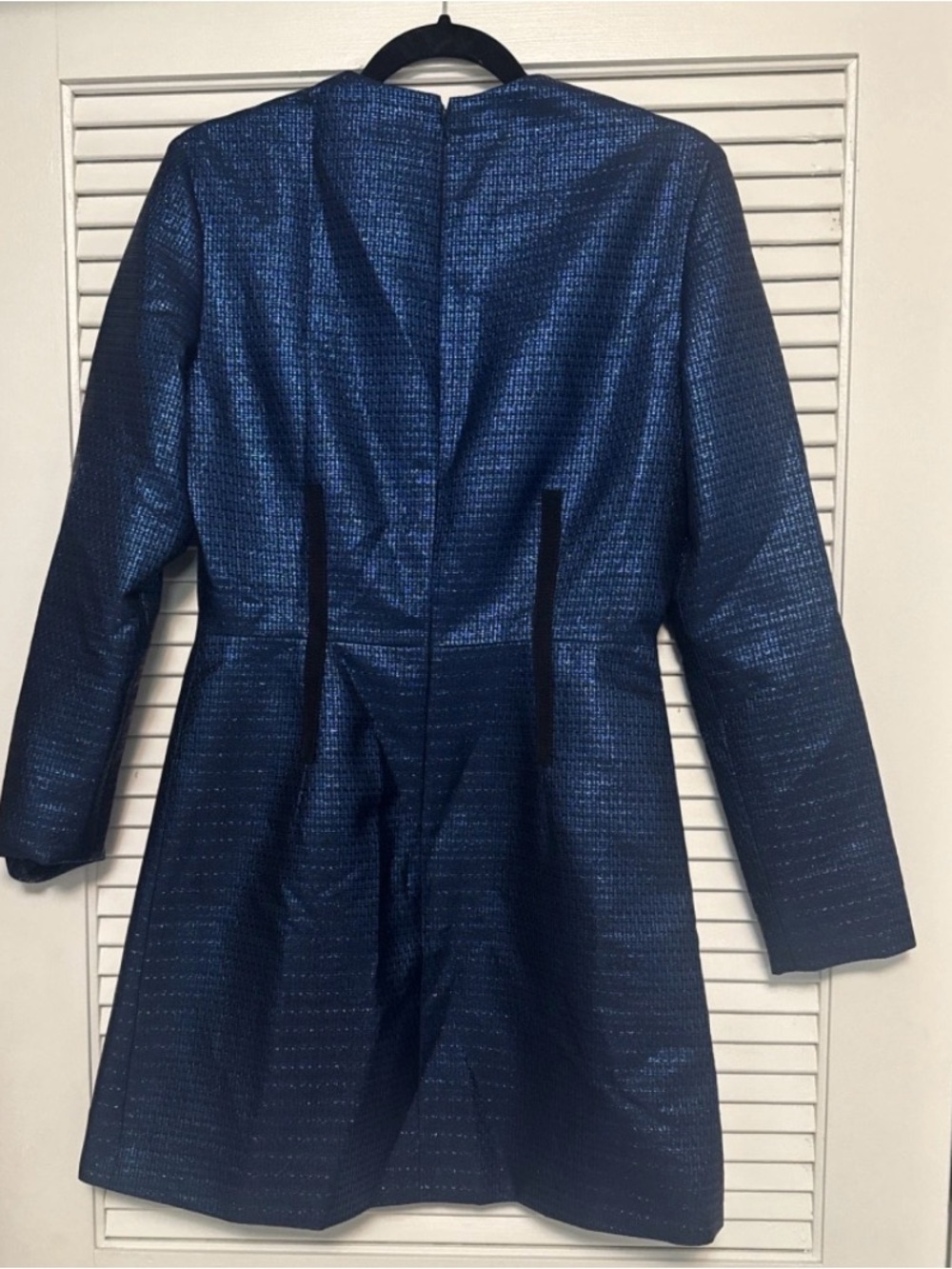 Carven Designs Metallic Navy Mini Dress with long sleeve.